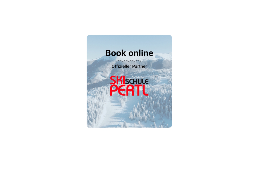 Buchen Sie online für die Skischule Pertl, offizieller Partner, mit verschneiter Berglandschaft.