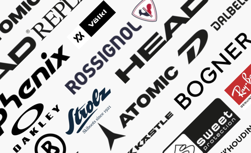 Eine Collage aus den Logos verschiedener Ski- und Outdoor-Sportmarken, darunter Rossignol, Head, Atomic, Oakley und Ray-Ban, diagonal angeordnet auf weißem Hintergrund.
